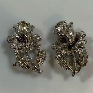 Denise Earrings Rose Rhinestones Silver Tone Vintage #N-30